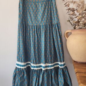 Luna Moon Teal Bohemian Peasant Tiered Maxi Skirt Sz M EUC Cottagecore